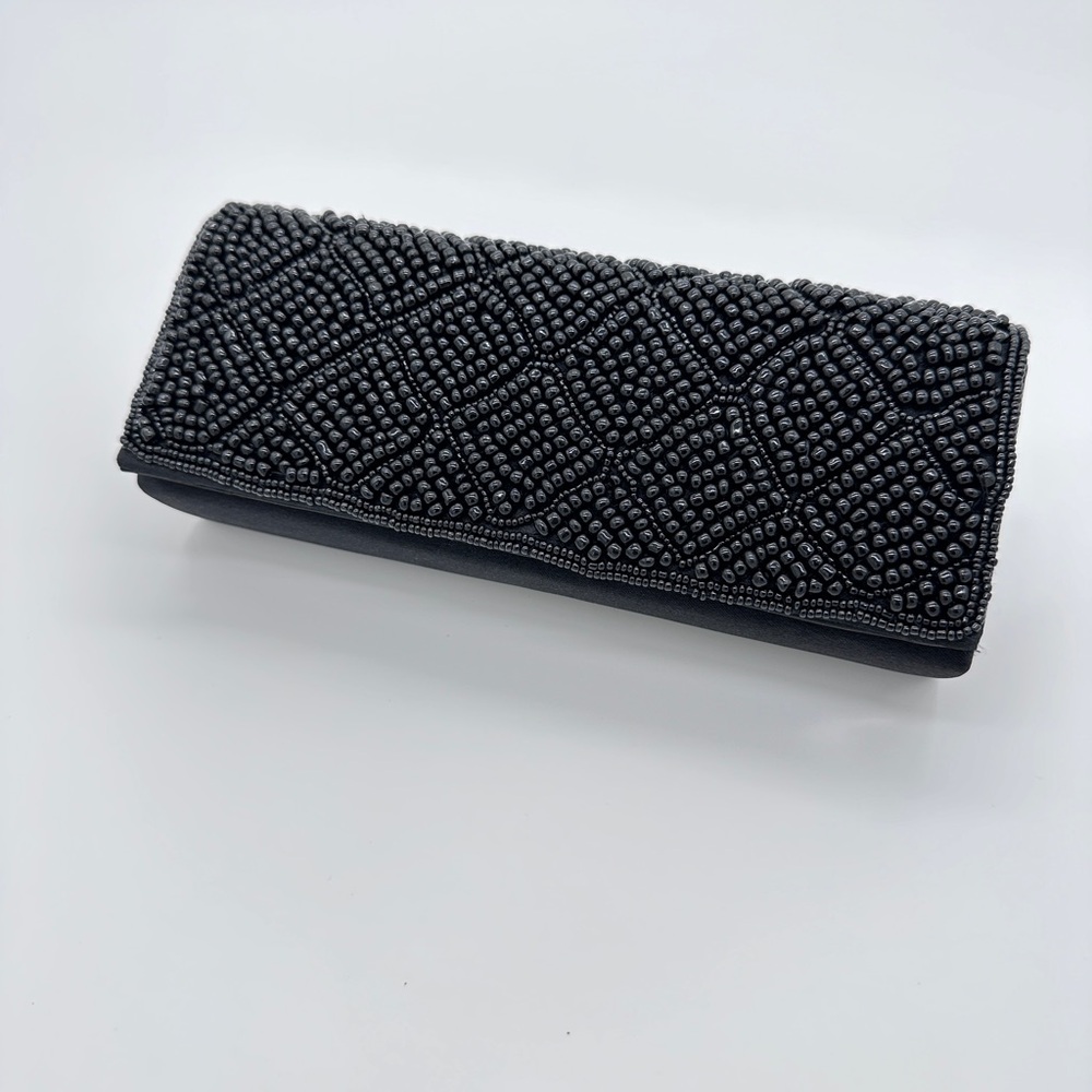 Bijoux Terner Black Satin Beaded convertible clutch, shoulder strap